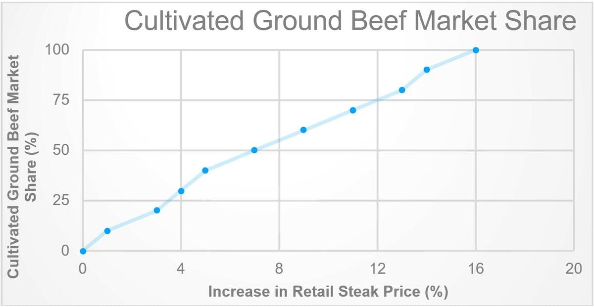 Projected cultivated ground beef market share and increases in retail steak prices