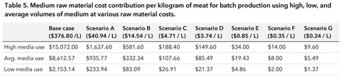 Projected cost per kilogram of meat in each scenario