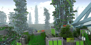 Solarpunk meets cellular agriculture. A Solarpunk scenery of distributed community-scale bio-manufacturing and cellular agriculture facilities on a tropical drone-oriented city.