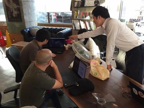 January 2018, Shojinmeat Project members at FabCafe in Tokyo making a DIY centrifuge that can be attached to a fan using FabCafe's 3D printer
