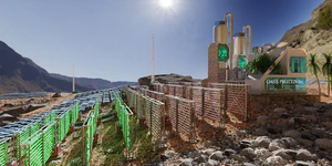 "Oasis Protein" desert food depot. Mid-scale closed-loop cellular agriculture facility that uses closed-tube algae photobioreactor - green algae for basal medium, red algae for media recycle.