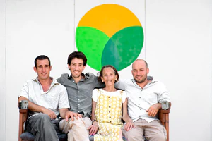 Brevel co-founding brothers and mother. From left, Matan Golan (COO), Yonatan Golan (CEO), Mother, and Ido Golan (CTO).