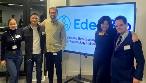 Eden Bio team, from left: Dr Evgenia Markova (VP of Science), Dr Jack Ho (Strain Engineer), Jake Bowden (Lead Bioinformatician), Dr Rachel Shaw (COO), and Dr Chris Reynolds (CEO).
